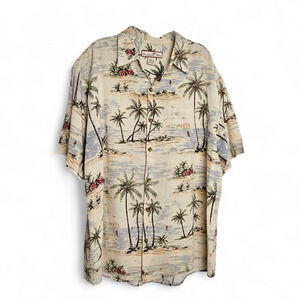 Paradise Blue Men's Silk Cotton Blend Palm Tree  Hawaiian Shirt Size L